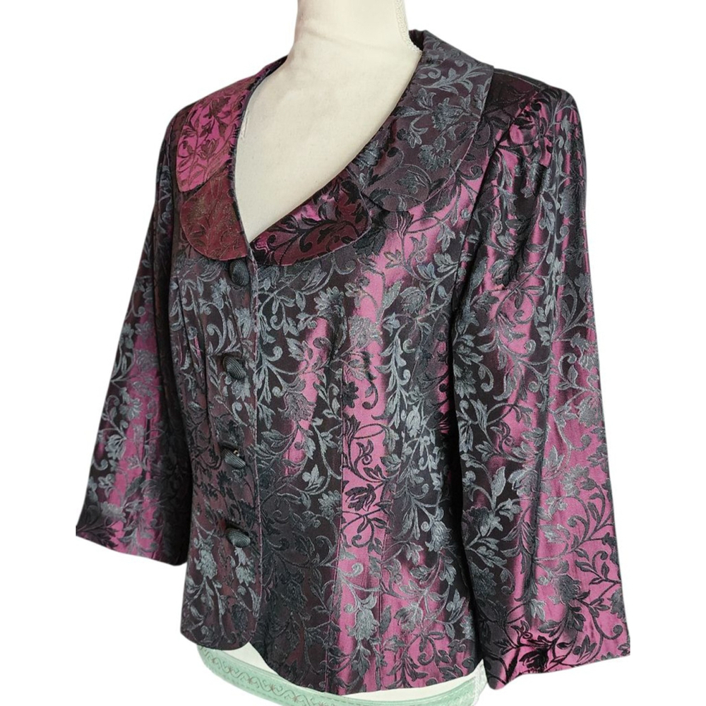 Maggy London Y2K Size 10 Brocade Jacket Floral Magenta Black 3/4 Sleeve Blazer - Picture 2 of 12